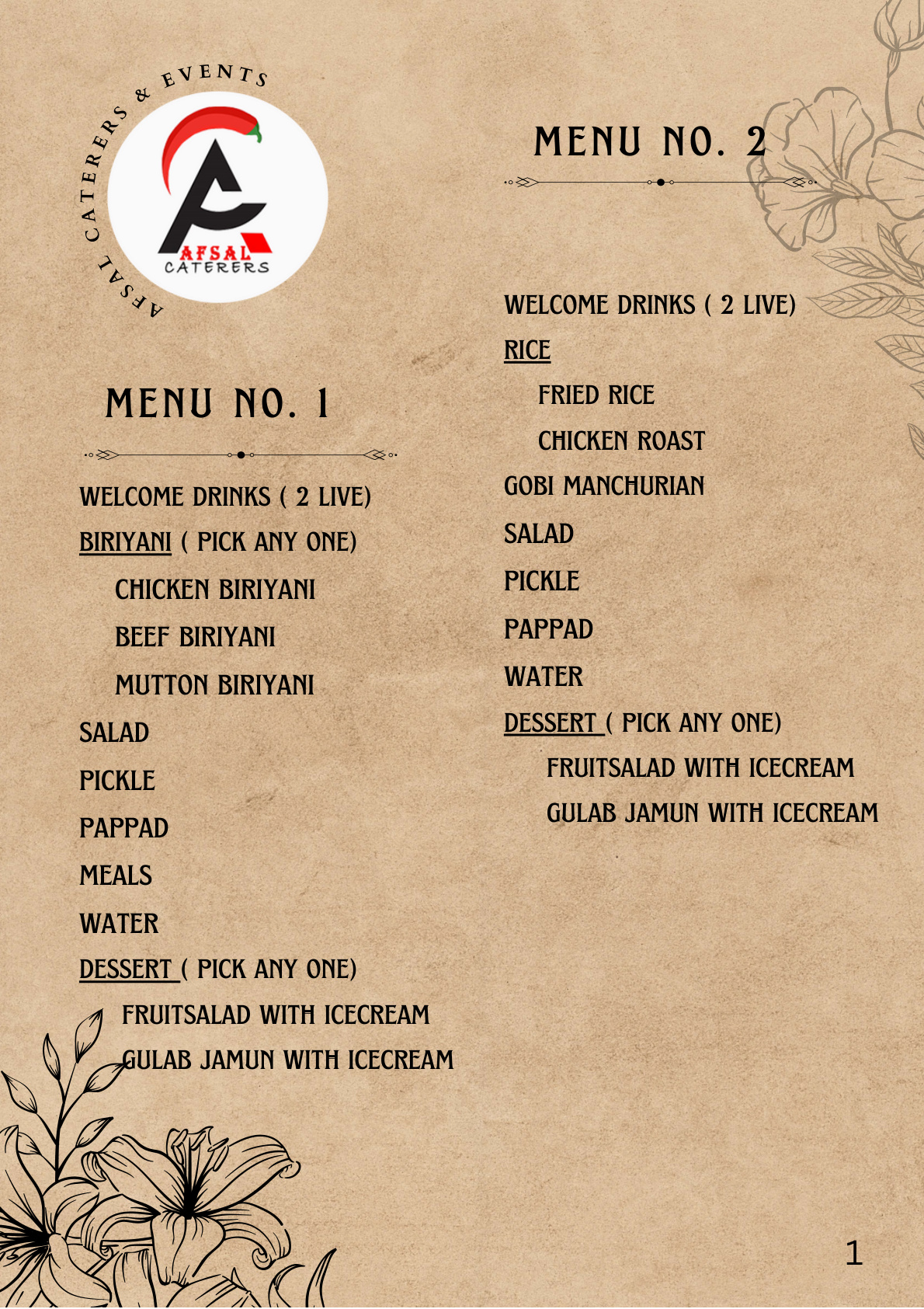 Afsal Caterers Menu Book Page 1